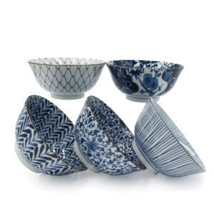 20-526 : Schüsselset Ai Egawari Tayo, 5-fach sort., weiß/blau, ø = 15,5 cm; H = 7,2 cm