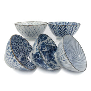20-527 : Schüsselset Ai Egawari Donburi, 5-fach sort., weiß/blau, ø = 18 cm; H = 8,9 cm