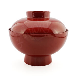 23-186 : Suppenschale m. Deckel, Holzbasis, lackiert, rot, ø = 11,5 cm; H = 10,5 cm